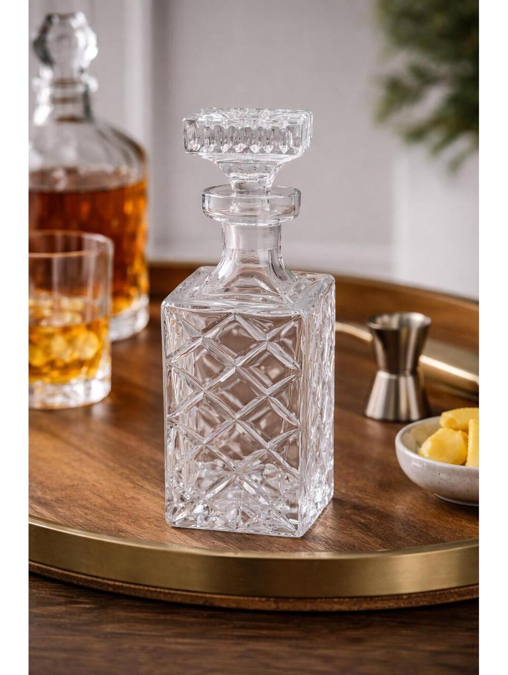Vintage MCM Cut Crystal Square Decanter w/Stopper Diamond Pattern 9"